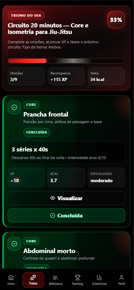 Print da aba de estatísticas do BJJ Game com XP, treinos, streak e evolução