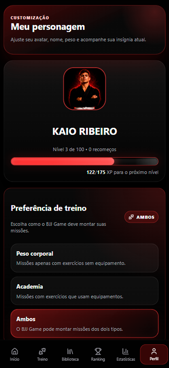 Print da execução de treino no BJJ Game com timer e exercício atual