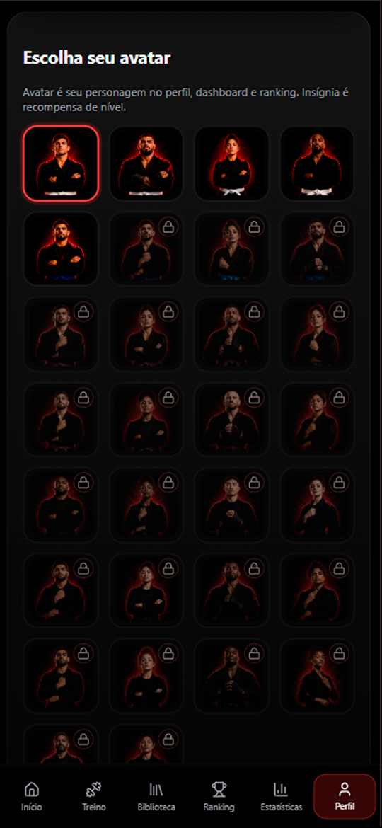 Print da tela de insígnias do BJJ Game