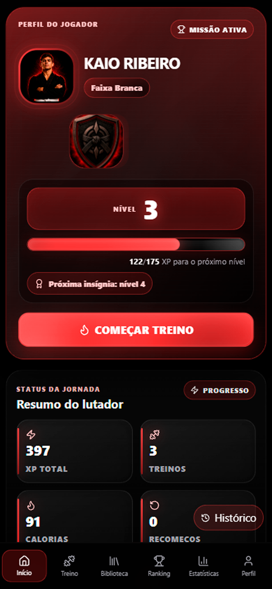 Print da missão do dia no BJJ Game com exercícios do treino